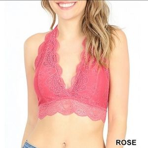 Zenana Outfitters Scalloped Lace Halter Neck Padded Bra - Rose